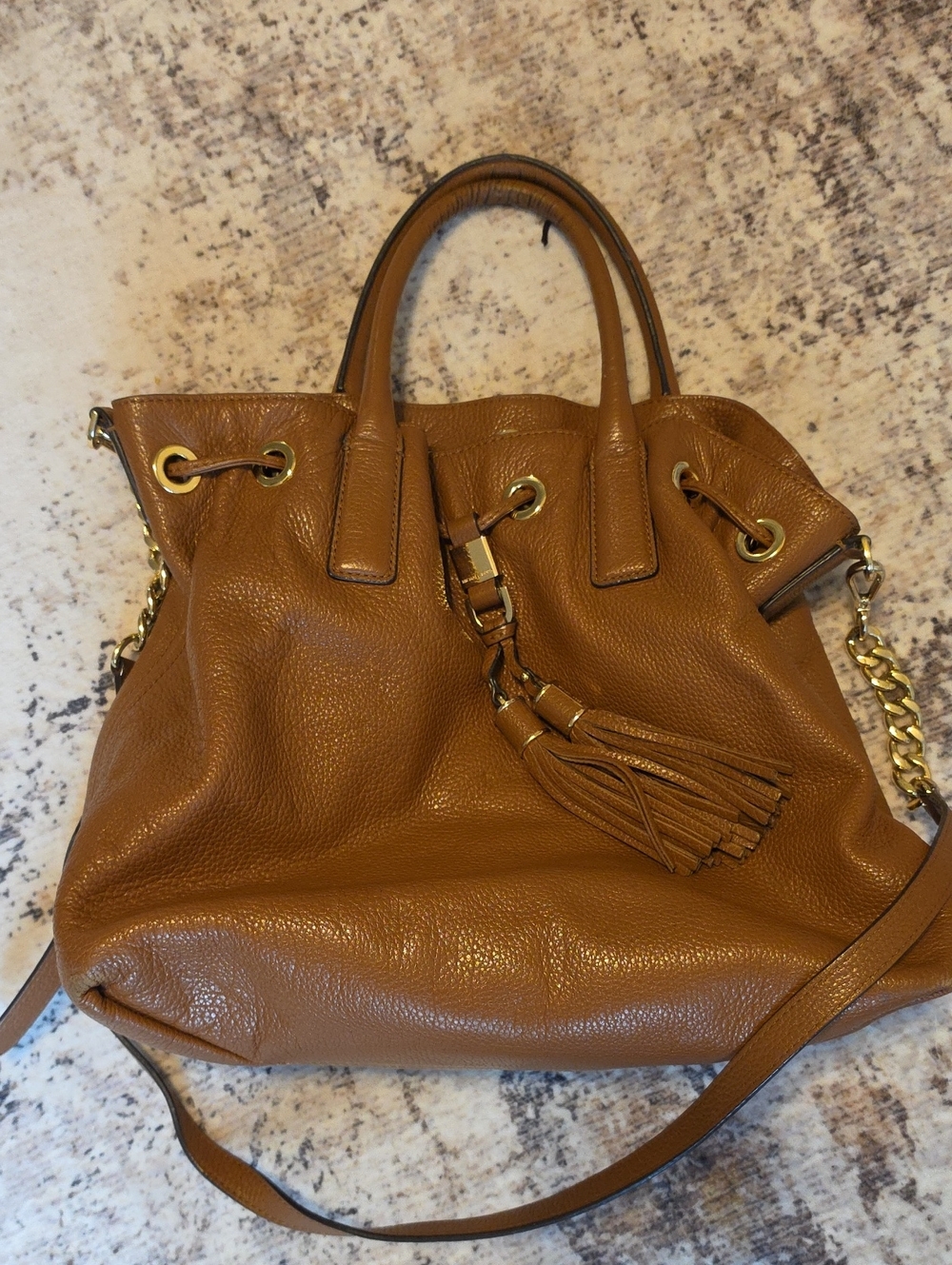 Michael Kors Jules Cognac Pebbled Leather Drawstring Tassel Shoulder Bag